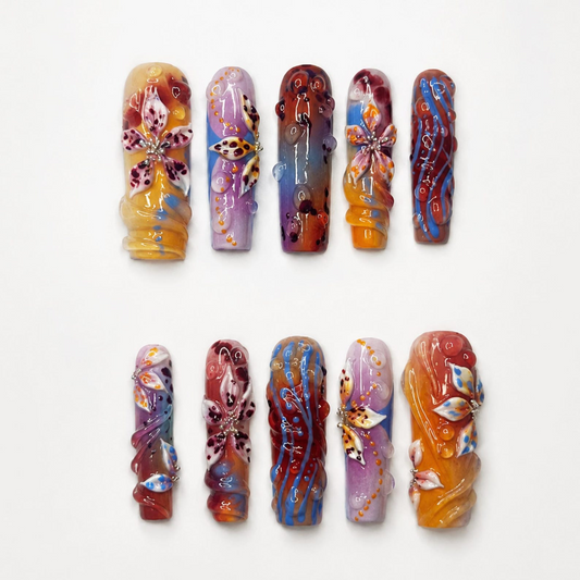 3D Floral Press On Nails with Colorful Abstract Art , Long Square Fake Nails , Handmade Maximalist Nails for Statement Look , OB496WI