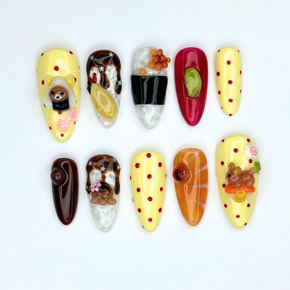 3D Food Press On Nails with Sushi & Salmon Art | Cute Japanese Food Design | Kawaii Handmade Statement Nails | OB537UC