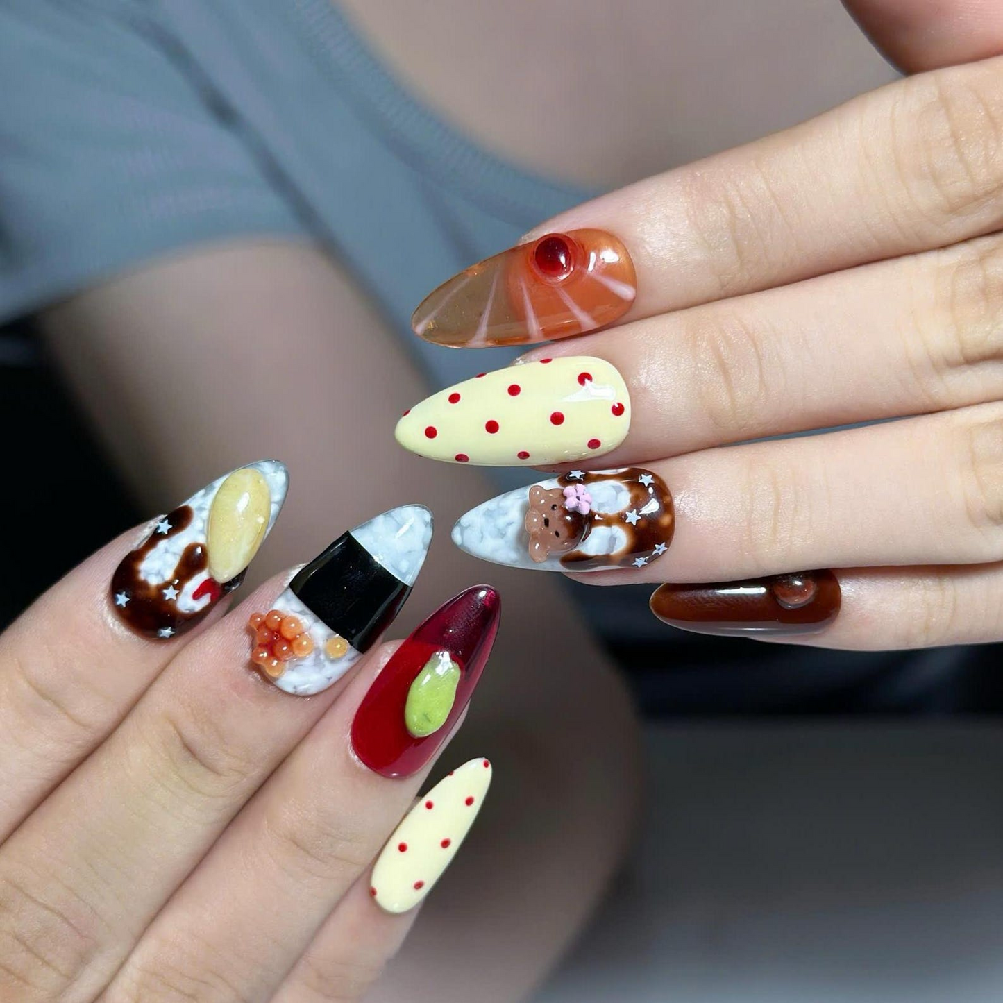 3D Food Press On Nails with Sushi & Salmon Art | Cute Japanese Food Design | Kawaii Handmade Statement Nails | OB537UC