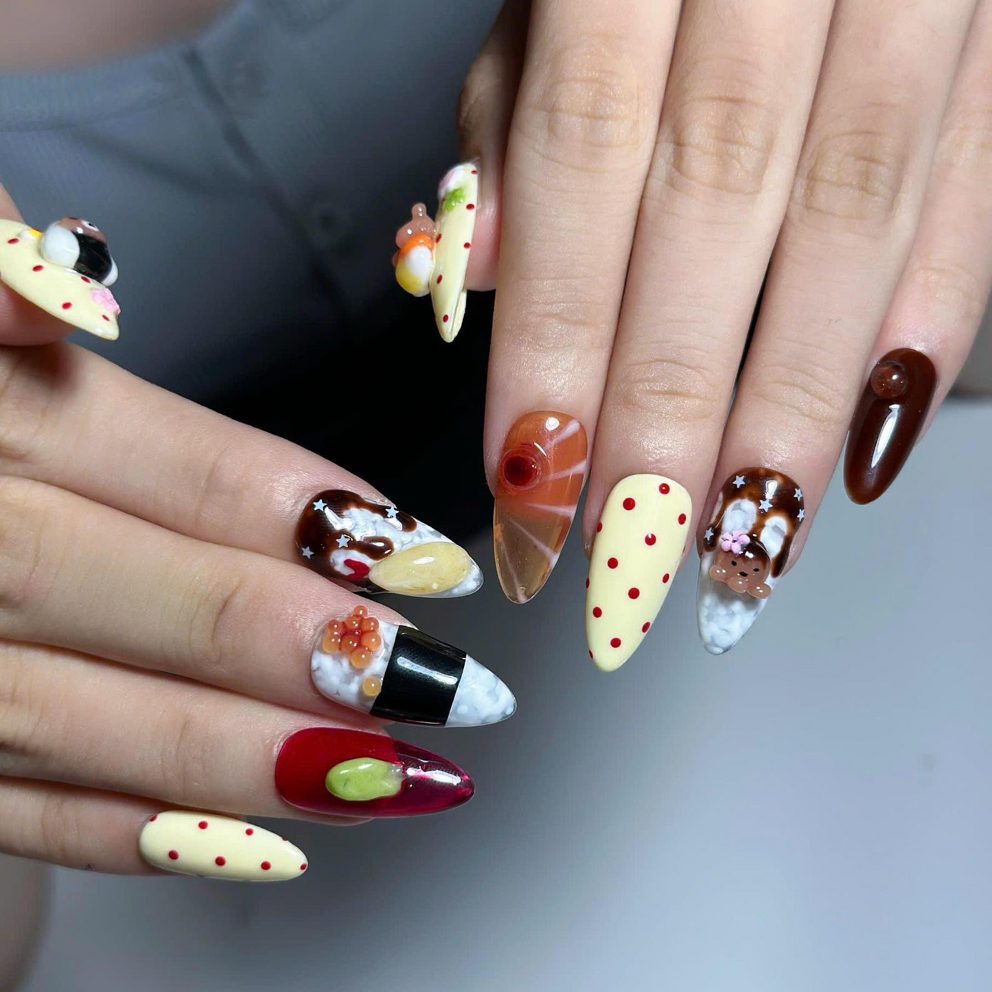 3D Food Press On Nails with Sushi & Salmon Art | Cute Japanese Food Design | Kawaii Handmade Statement Nails | OB537UC