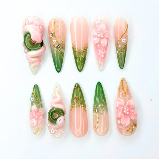 3D Pink Rose Fairycore Press On Nails | Green Botanical French Tips | Gold Vine Details | Romantic Floral Garden Nail Art | OB696UG
