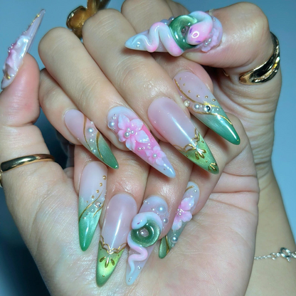 3D Pink Rose Fairycore Press On Nails | Green Botanical French Tips | Gold Vine Details | Romantic Floral Garden Nail Art | OB696UG