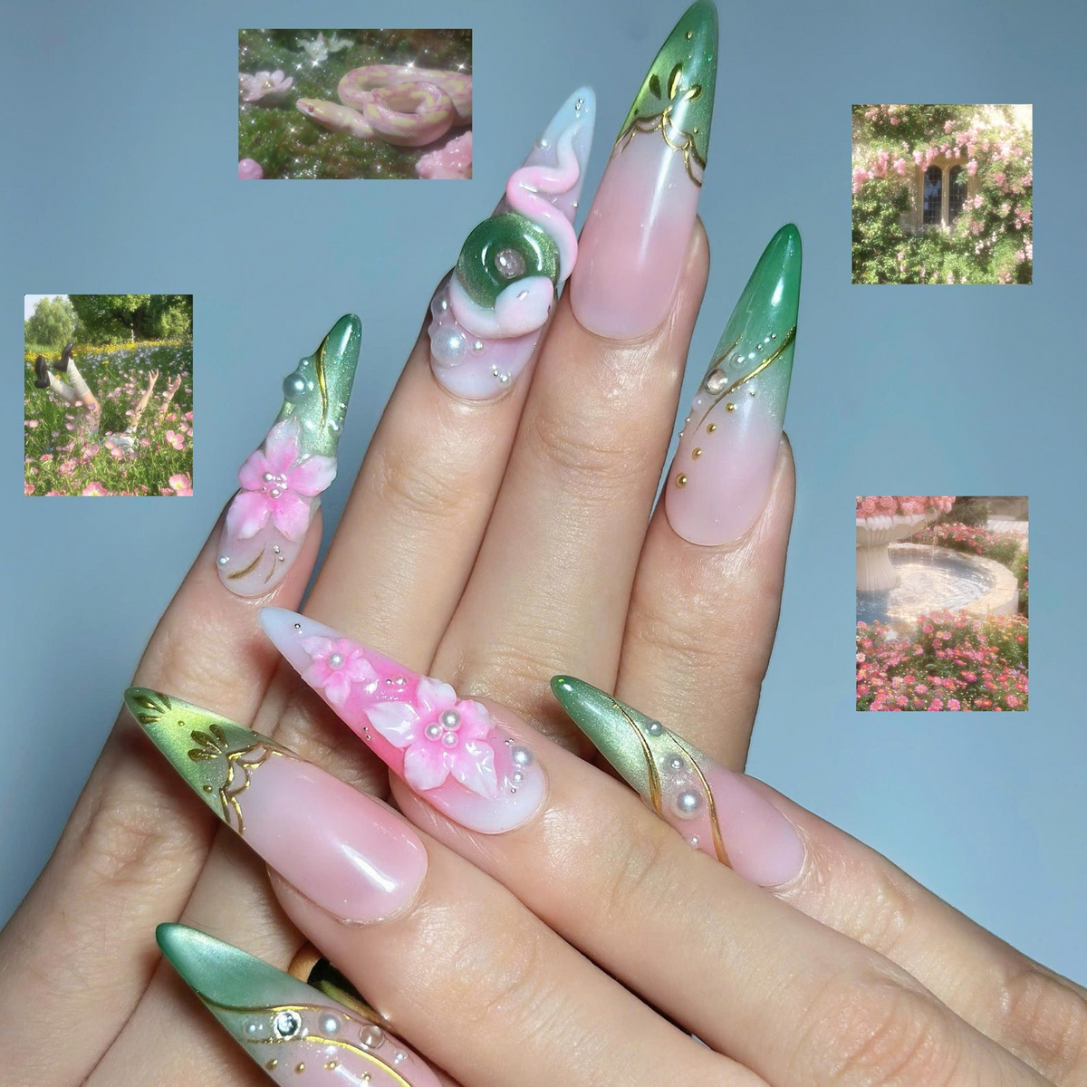 3D Pink Rose Fairycore Press On Nails | Green Botanical French Tips | Gold Vine Details | Romantic Floral Garden Nail Art | OB696UG