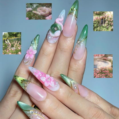 3D Pink Rose Fairycore Press On Nails | Green Botanical French Tips | Gold Vine Details | Romantic Floral Garden Nail Art | OB696UG