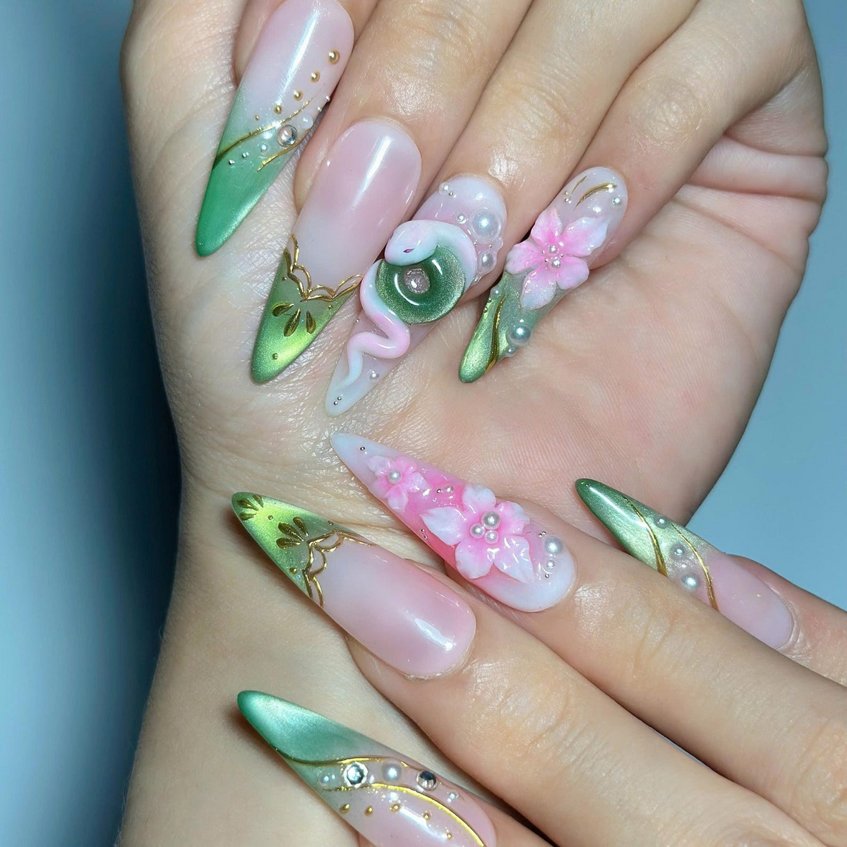 3D Pink Rose Fairycore Press On Nails | Green Botanical French Tips | Gold Vine Details | Romantic Floral Garden Nail Art | OB696UG