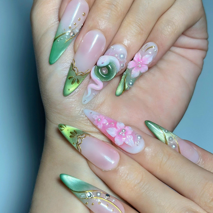 3D Pink Rose Fairycore Press On Nails | Green Botanical French Tips | Gold Vine Details | Romantic Floral Garden Nail Art | OB696UG