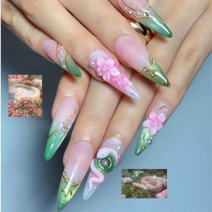 3D Pink Rose Fairycore Press On Nails | Green Botanical French Tips | Gold Vine Details | Romantic Floral Garden Nail Art | OB696UG