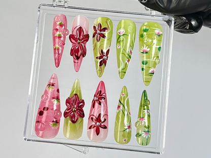Water Lily & Lotus Press On Nails | Nature-Inspired Fake nails | Glossy Botanical Nail Art | Artistic Floral Press Ons |Luxury Nails|HB785YC