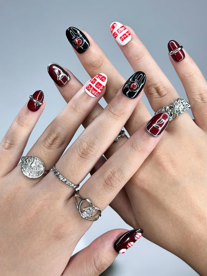 Kpop Inspired Arirang Spirit Nails | 7 Spirit Cupid Voyage Press Ons | Red White Silver 3D Chrome Nails | Fandom Concert Nails | JB359IC