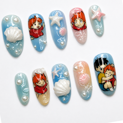 Ocean Anime Press On Nails • Cute Summer Beach Gift • Hand Painted Red Hair Girl 3D Seashell Starfish Fake Nails | OA001LG