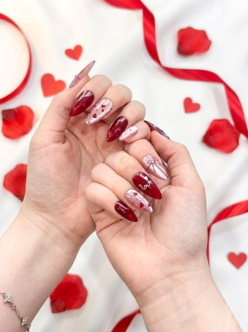 Valentine’s Day Heart Press On Nails | Red & Pink Romantic Nail Set | Handmade Gift for Girlfriend | Elegant Stiletto Fake Nails | HC999GC