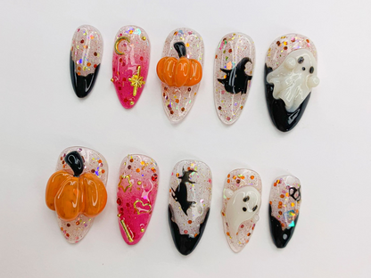 Spooky Halloween Ghost - Pumpkin Press-On Nails | 3D Nail Art for Halloween Party | Glitter Press-On Nails with Witch - Star Accents|JB486SC