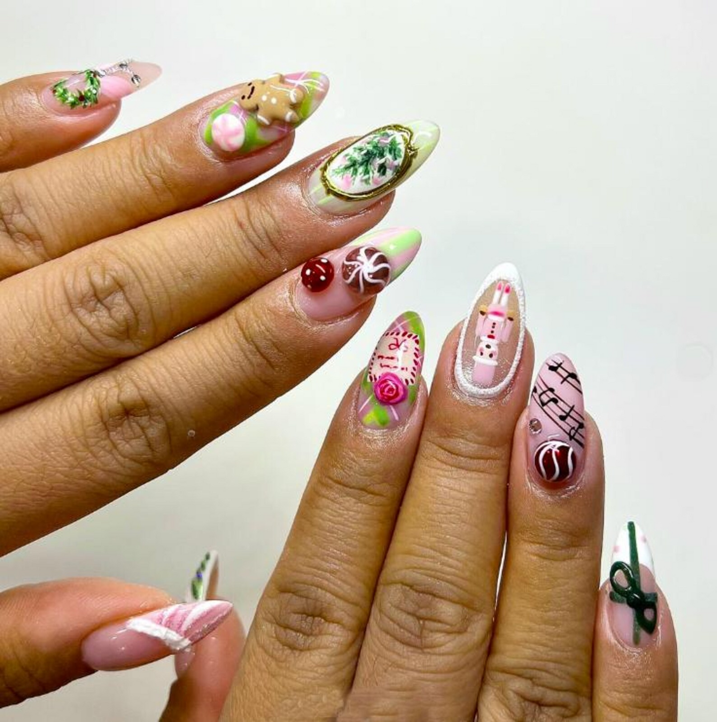 Pink Peppermint Christmas Press On Nails | Nutcracker Holiday Cute Nails | Wreath & Candy Art Nails | Cute Christmas Pastel Nails | JC259EC