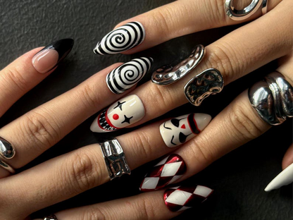 Creepy Clown Carnival Press On Nails | Horror-Inspired Clown Nail Art | Spooky Halloween Nail Set | Handmade Clown Face Nails | JB178HC