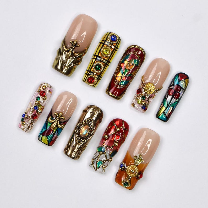 Handmade Baroque 3D Press-On Nails | Stained Glass Vitreaux Design | Long Square Gothic Fake Nails for Holiday, Vacation, Birthday | SKU: DORY-VTX001