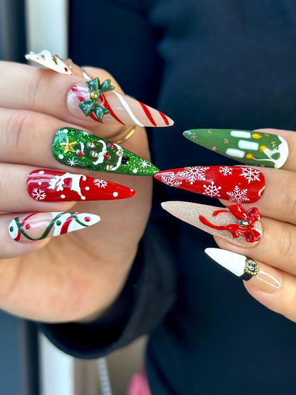 Cozy Knit Christmas Press On Nails | Red Green Holiday Nail Art |Festive Tree & Ribbon Design| Candy Cane And Snowflake Design | HB1195EK