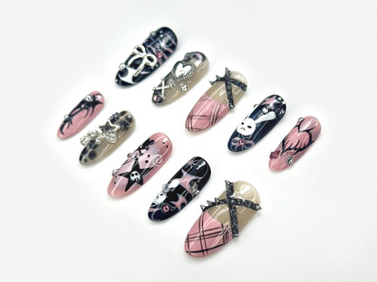 Gothic Bunny & Punk Heart Press On Nails | Y2K Alternative Nail Art | Pink Plaid, Stars And Skulls | Cute Bunny Gothic Vibes | HB1046EP