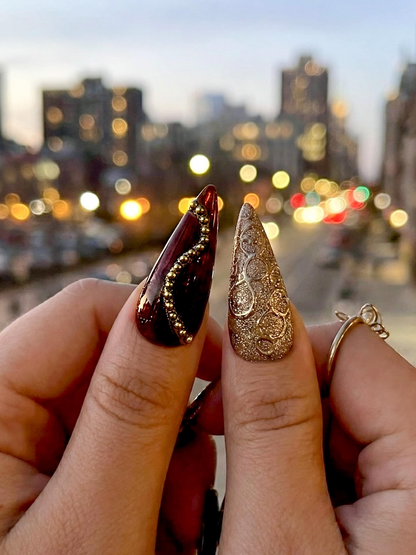 Luxury Gold Floral Press On Nails | Spring Floral Crystal Nail Art | | Gold Sculpted Couture Nails | Long Stiletto Nails | DB968EC