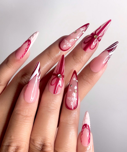 Elegant Burgundy Christmas Press On Nails | Glossy Christmas Nail Art| Winter Holiday Nail Art | Glossy Stiletto Press Ons | HB1194EC