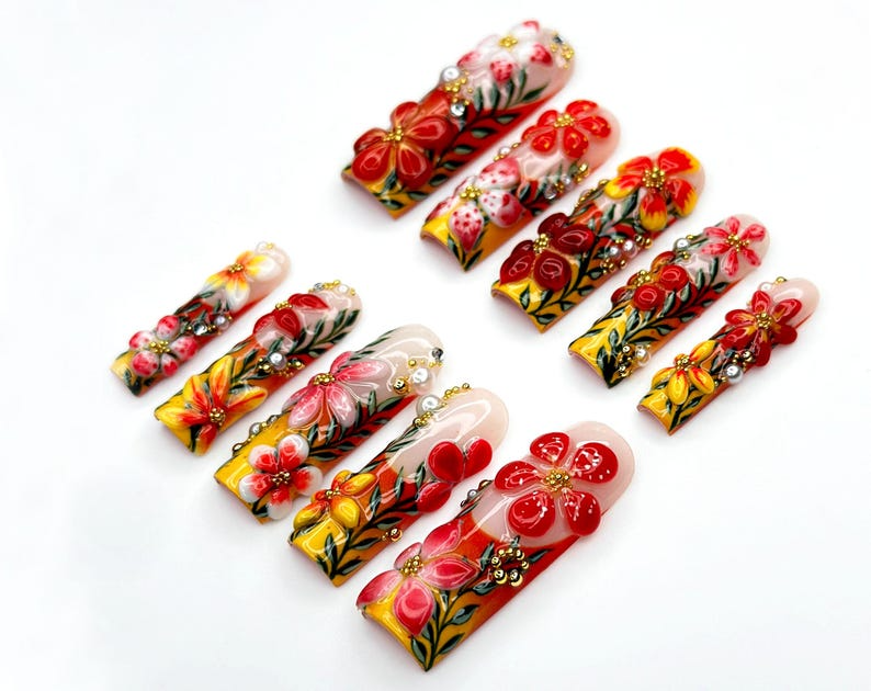 Tropical Bloom Garden Press On Nails | 3D Floral Art Nail Set | Handpainted Exotic Flower Nails | Summer Paradise Tips | JA946EC