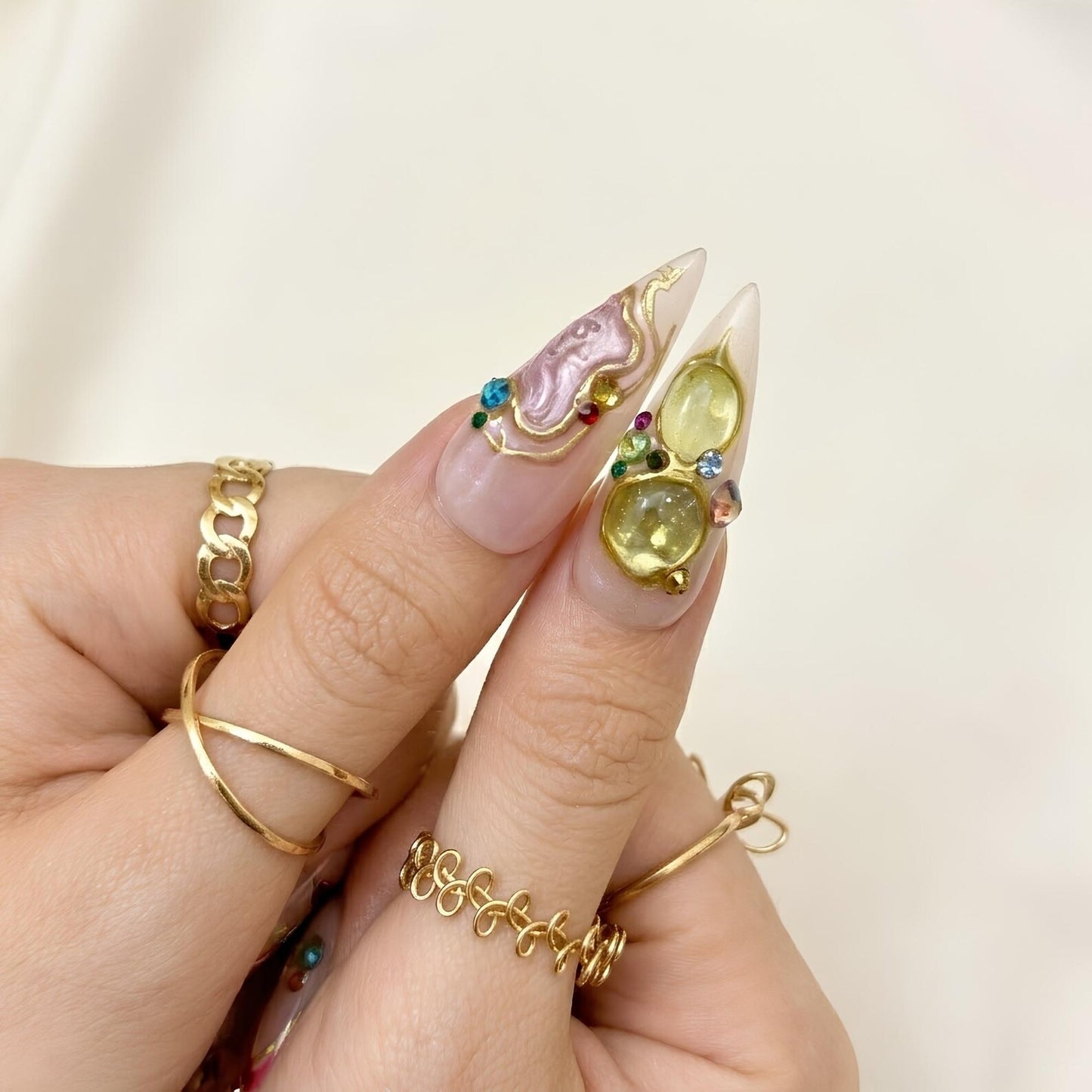 Fairy Butterfly Press On Nails | Sparkly Gold Swirl Crystal Art | Luxury Glazed Pearl Nails | Beautiful Wedding Bridal | OB1359DG