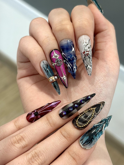 Artistic Gothic Press On Nails | Dark Marble Abstract Nails | Handmade Stiletto Nail Art | HB1268GC