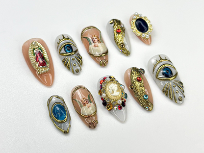 Vintage Religious Press On Nails | Angel Eye Nail Art | Baroque Religious Style Nail | Vintage Gemstone Nail | Statement Luxe Nail | JC924HK