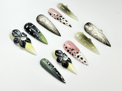 Elegant Green Bloom Press On Nails | 3D Black White Floral Nails | Handpainted Nature Nail Art | Green Ombre & Dot Accent Nails | JC101HK