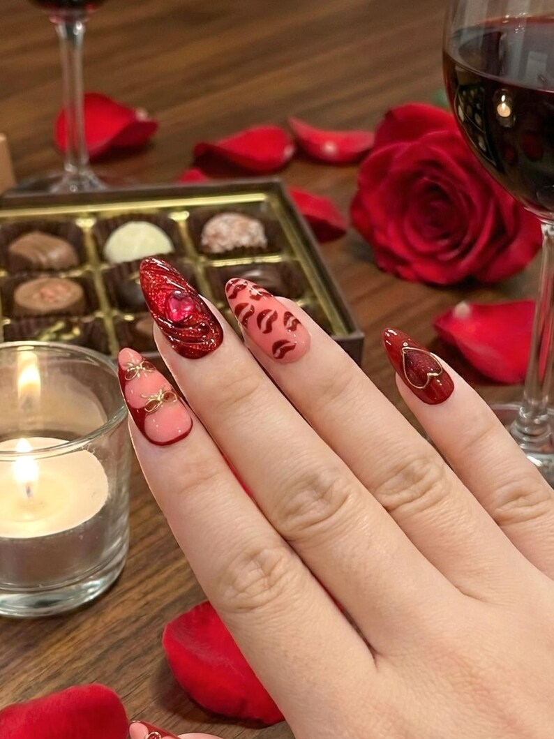 Ruby Kiss Valentine Press On Nails | 3D Heart Valentine Long Nails | Red Pink Ribbon Nail Art | Luxury Love Statement Set | JB273EC