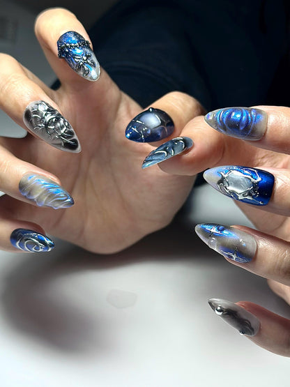 Galaxy Gothic Press On Nails | Dark Blue Chrome Cat Eye Nails | Celestial Star Night Nail Art | Handmade Cosmic Gel Nails | JB328IC