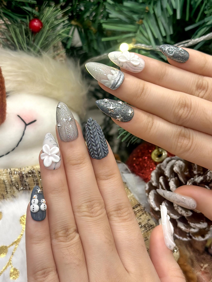 Silver Winter Stars Press On Nails | Elegant Winter Flower Nail Art | Grey Glitter Winter Nails | Frosty Holiday Press Ons | JC251EC
