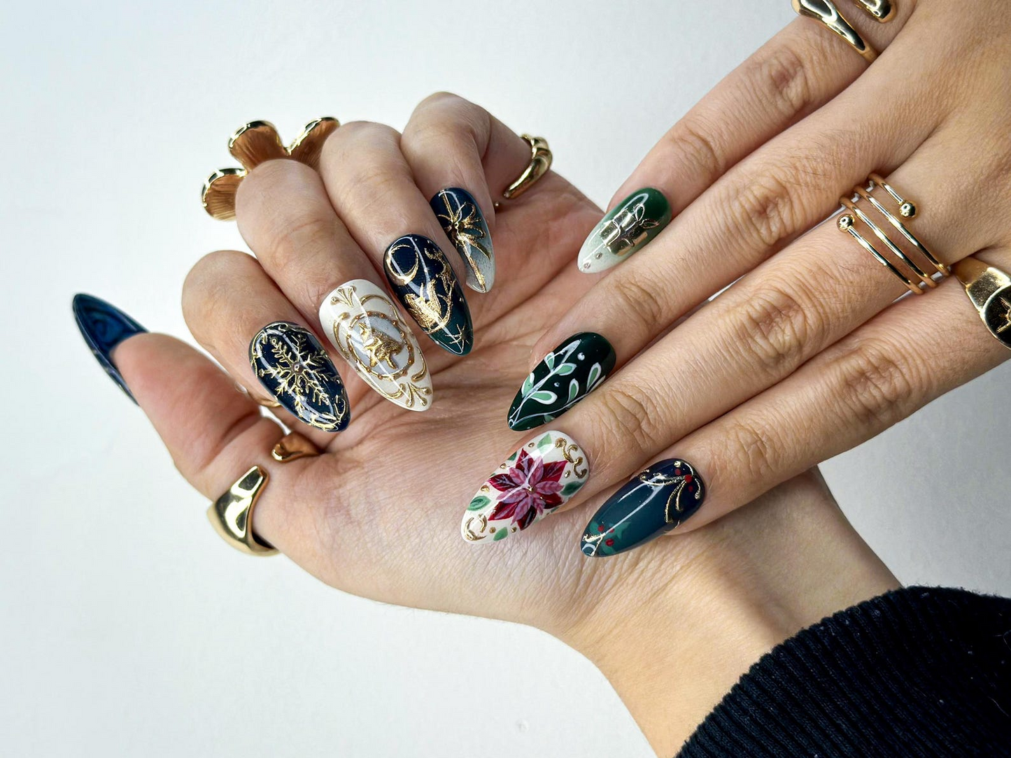 Midnight Christmas Press On Nails | Black & Gold Christmas Nail | Hand-Painted Design | Holiday Nail Set | Luxury Winter Press Ons | JB215HC