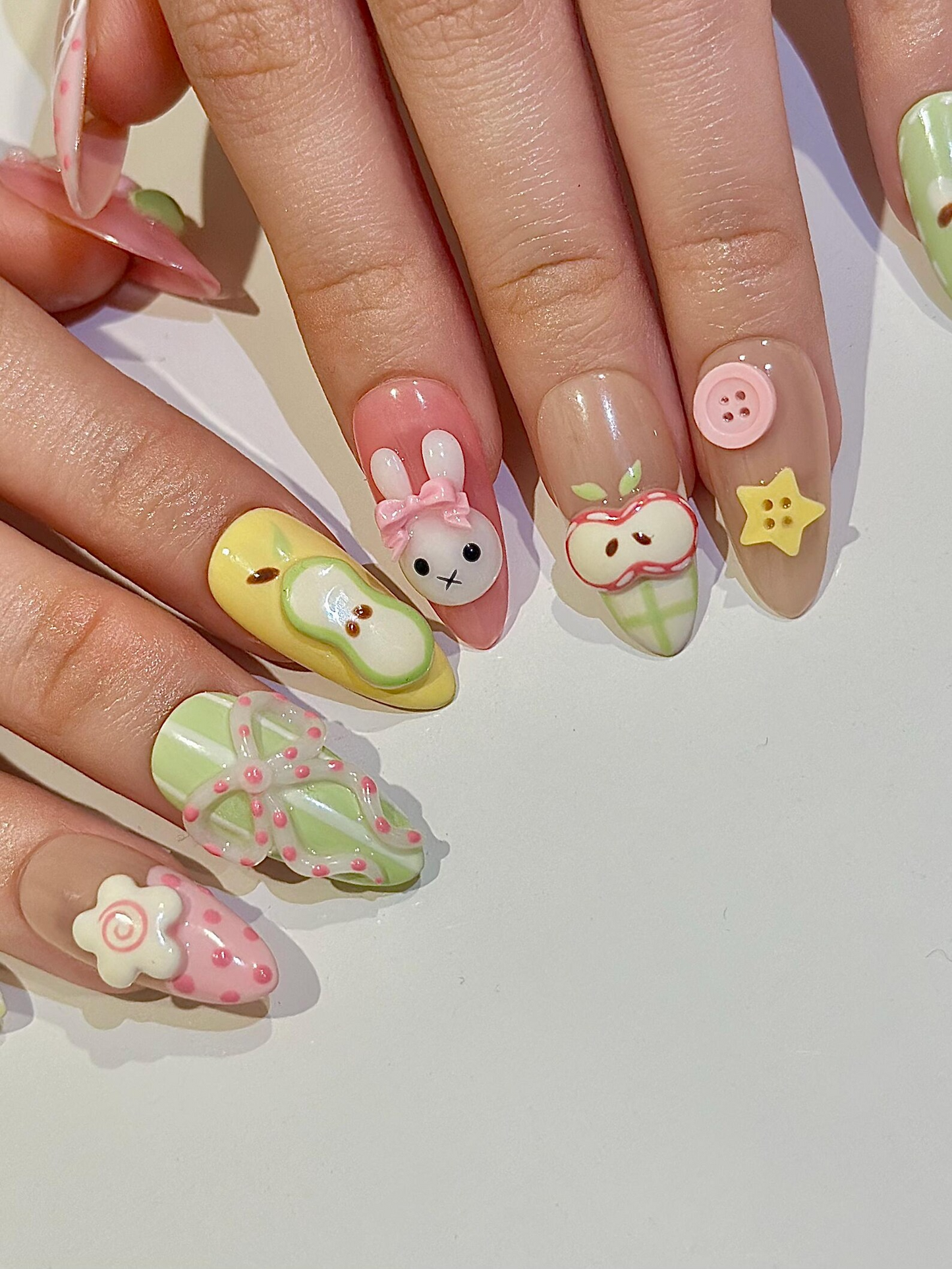 Kawaii Bunny Easter Press On Nails, Pastel Green and Pink Plaid Nails, Colorful Pastel Gingham Fake Nails For Cute Lover, HB1291H