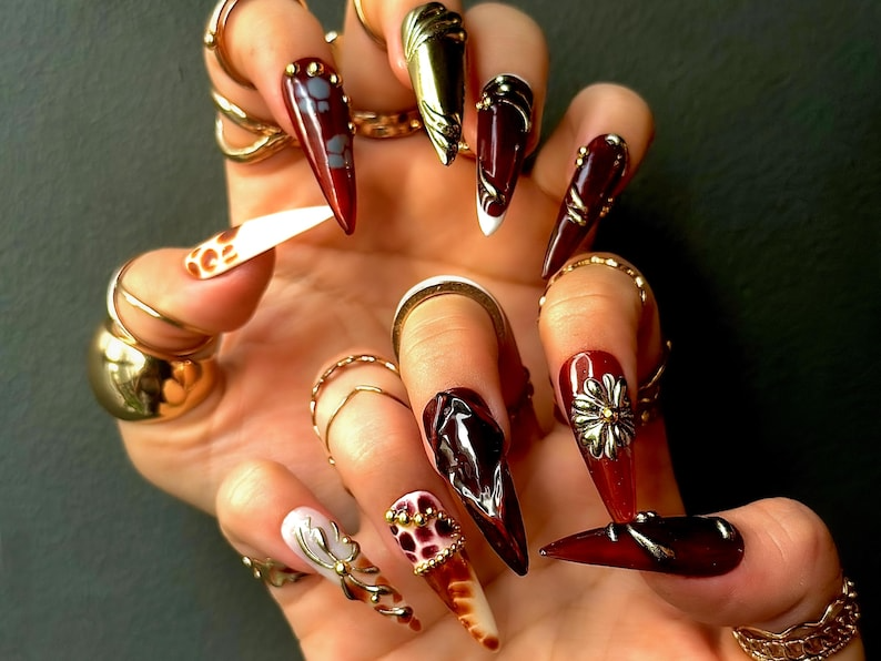 Autumn Baroque Elegance Press On Nails | Fall Burgundy & Bronze Nail Art | 3D Flower And Metallic Accents | Gothic Fall Design | HC1092EK