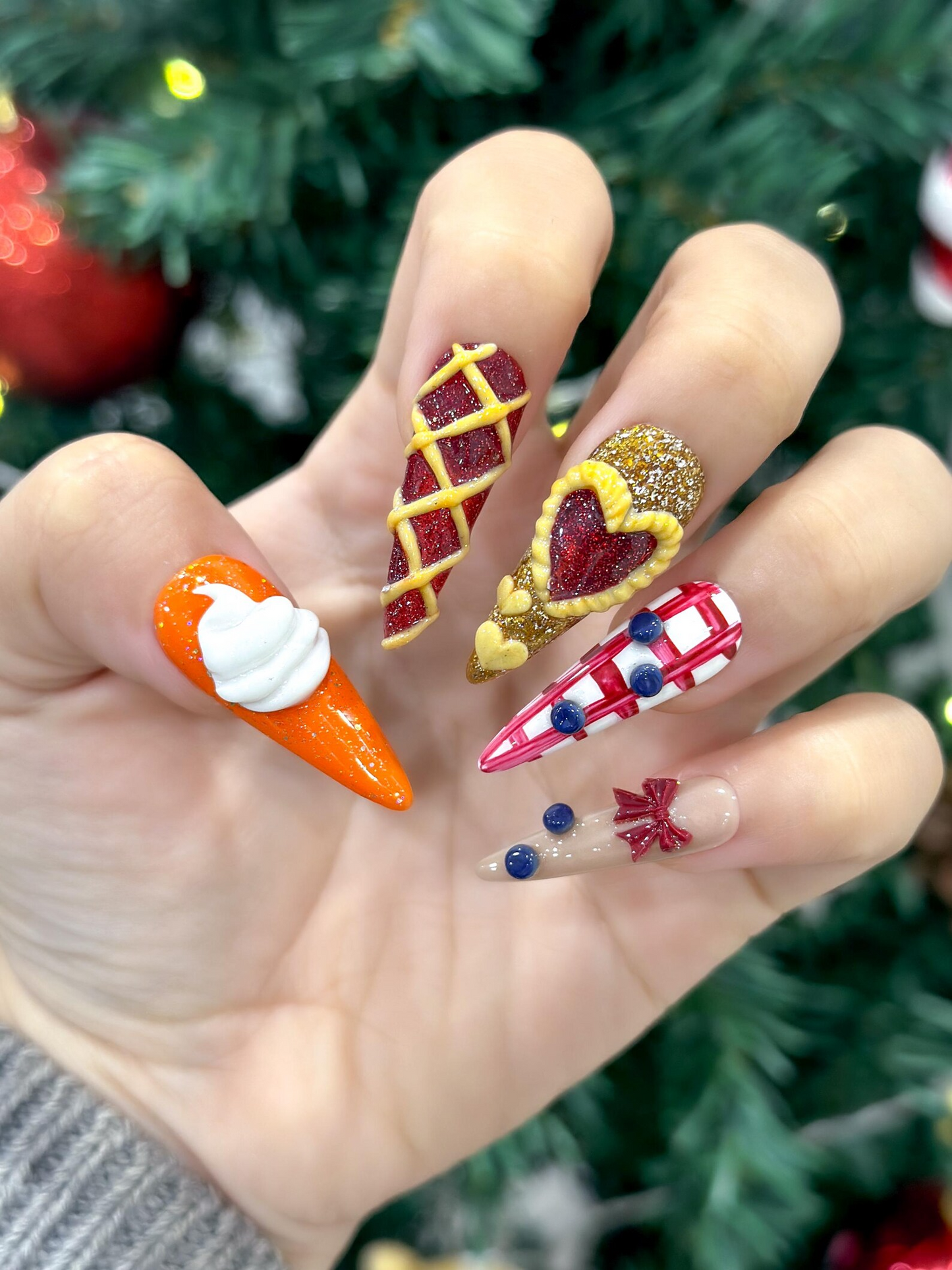 Sweet Berry Pastry Press On Nails | 3D Heart Tart Cute Nails | Red Pastry Press Ons | Holiday Bakery Nails | JC257EC