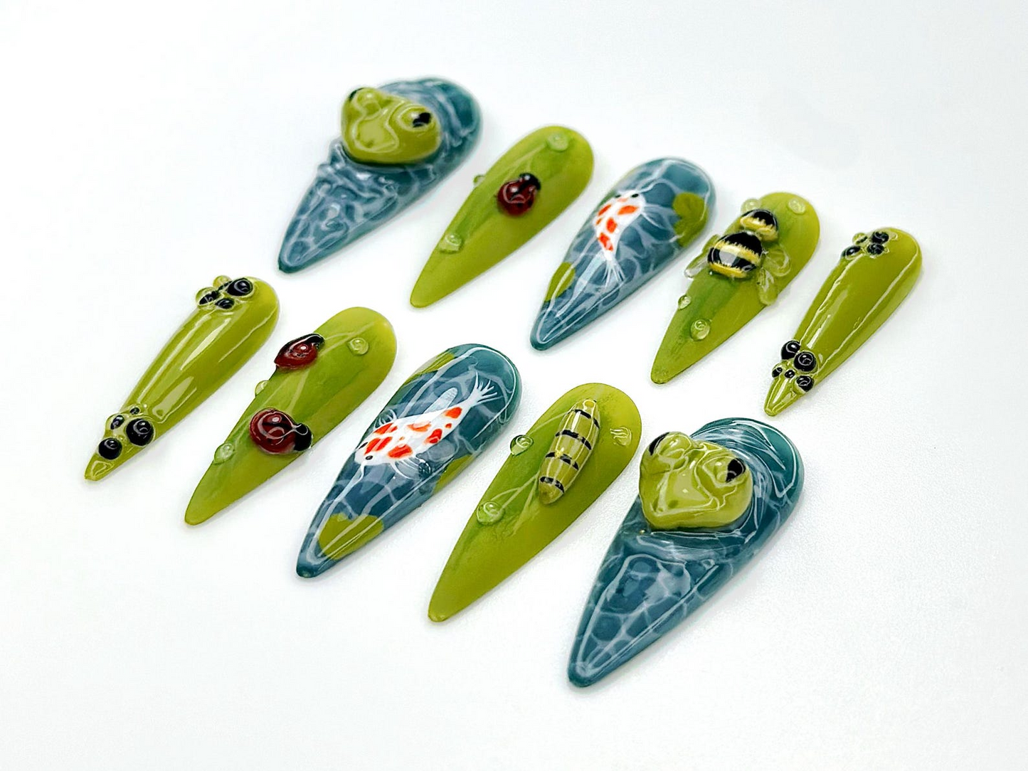 Frog Koi Pond Press On Nails | Garden Animal Nails for Summer Fake Nails | Whimsical Frog Nail Art | Unique Nature Press Ons | HB900YK