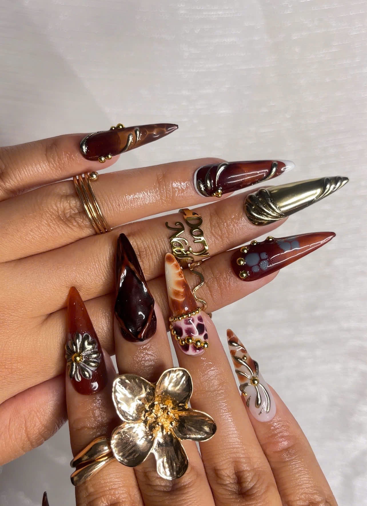 Autumn Luxe Press On Nails | Dark Red & Metallic Gold Nail Art | Handmade Gothic Glam Nails | Long Stiletto Nail | Luxury Fall Vibe| JB173HK