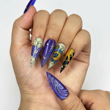 Celestial Art Press On Nails | Starry Night Sky Nail Set | Hand Painted Fantasy Nails | Sapphire Blue Statement Manicure | OC451JC