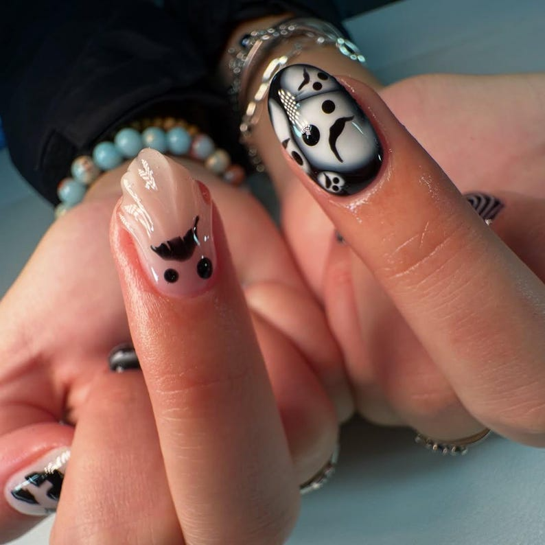Press on nails for halloween| Black White Gothic Halloween Nails | 3D Ghost & Spider Design | Spooky Night Nail Art | JB197EC