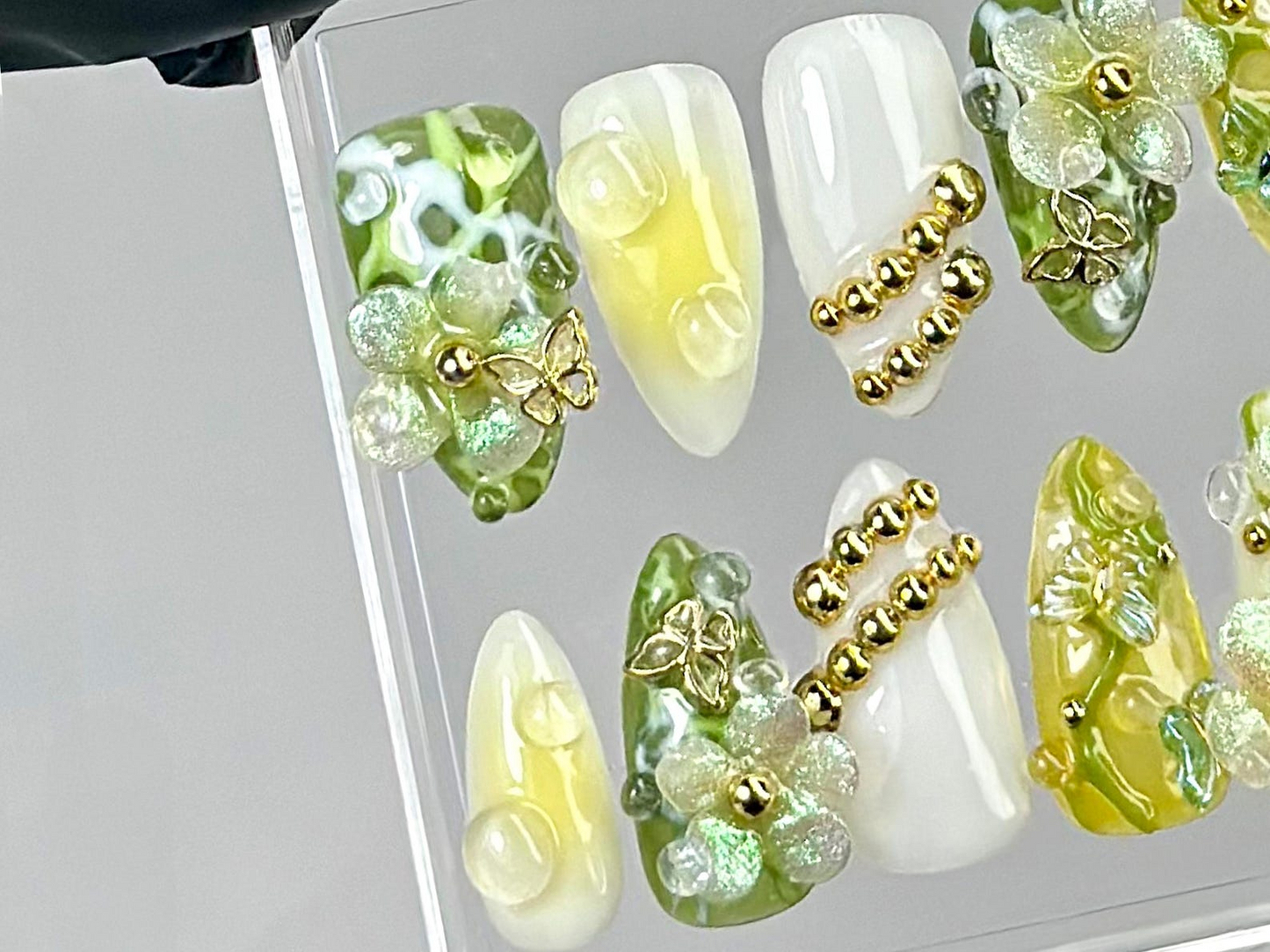 Nature Aesthetic Press On Nails | Wedding Ready Floral Fake Nails | Glass Effect Botanica Nail Art | 3D Floral Almond Nails | HB770YC