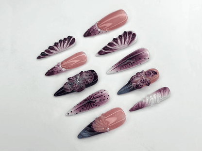 Elegant Purple Bloom Press On Nails | 3D Floral Ombre Nail Art | Nude Pink Handmade Nails | Luxury Artistic Long Set | JB1152BK