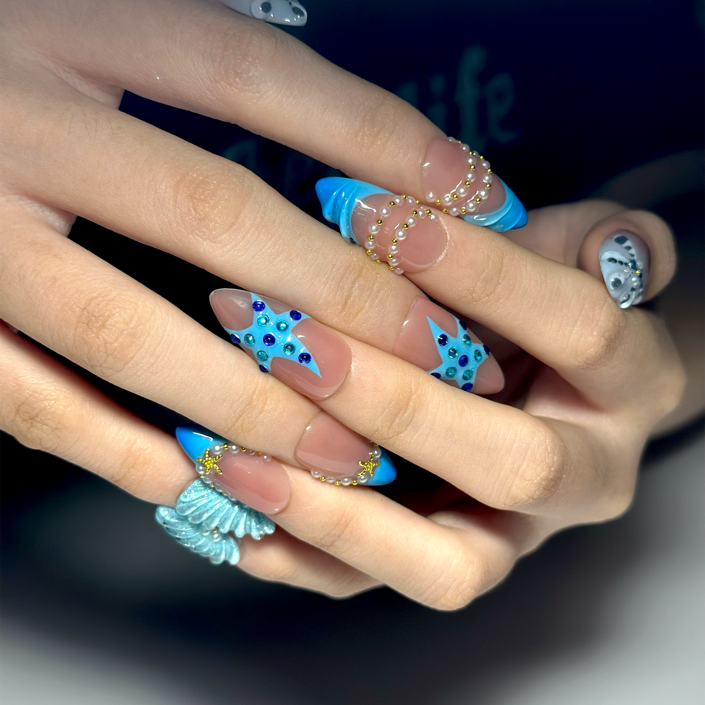 Summer Beach Press On Nails Almond • Vacation Holiday Nails • 3D Blue Starfish Pearl Seashell Tropical Ocean Handmade Fake Nails| OB422LC