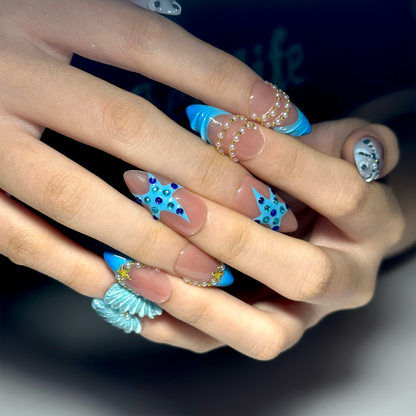 Summer Beach Press On Nails Almond • Vacation Holiday Nails • 3D Blue Starfish Pearl Seashell Tropical Ocean Handmade Fake Nails| OB422LC