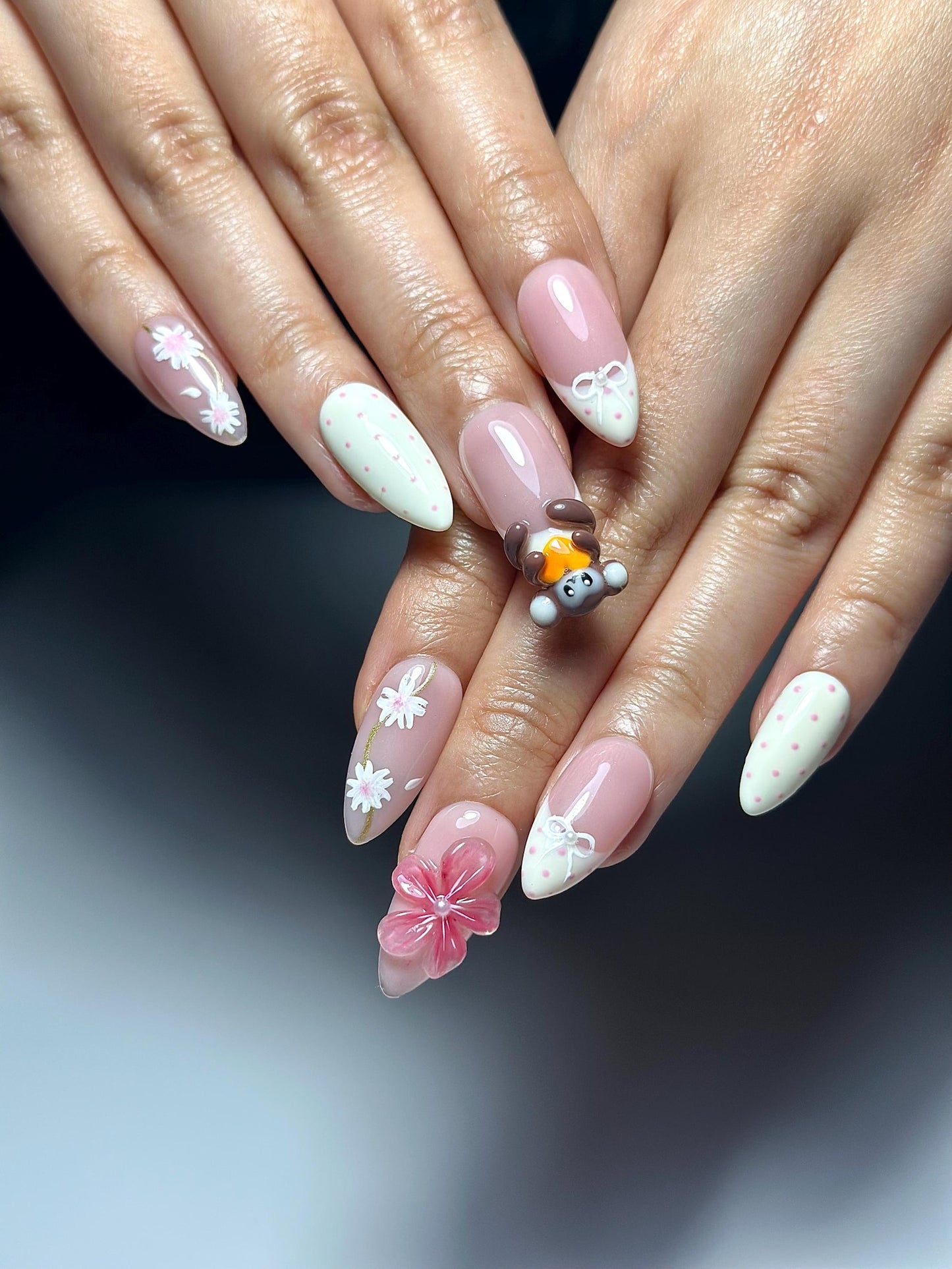 Soft Pink Mokey Press On Nails | Cute Bow & Daisy Nail Art | Kawaii Nails | Elegant Spring Nail Design| Handmade Romantic Press Ons| JC329HC