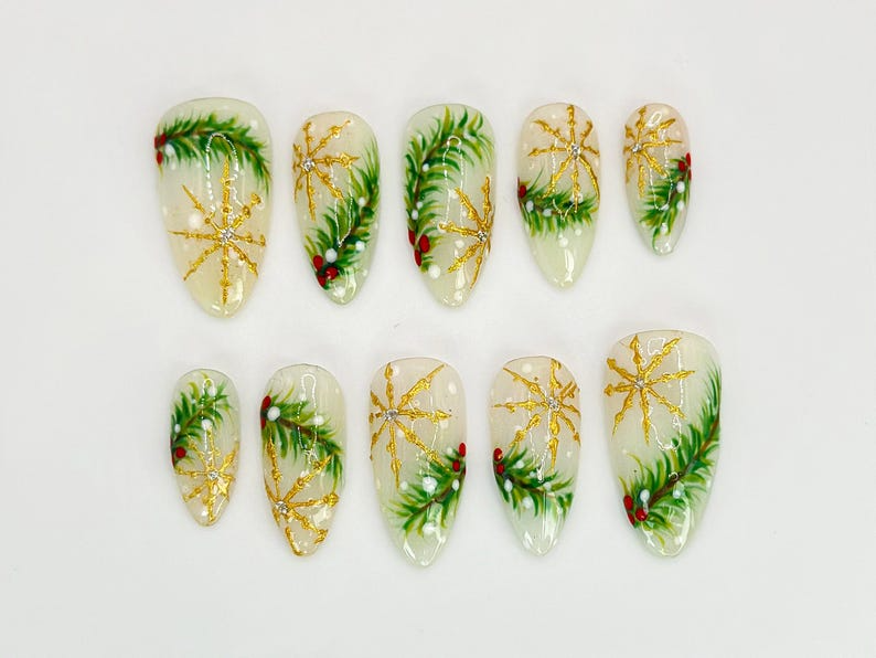 Luxury Christmas Press On Nails | Gold Snowflakes And Pine Accents Fake Nails | Festive Holiday Nail Polish | Seasonal Nail Art | HC650YC