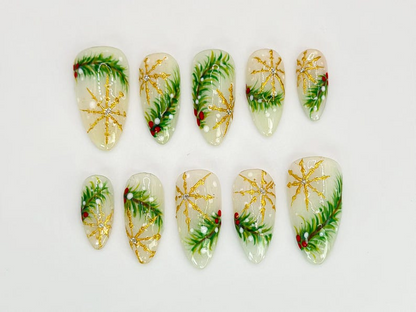 Luxury Christmas Press On Nails | Gold Snowflakes And Pine Accents Fake Nails | Festive Holiday Nail Polish | Seasonal Nail Art | HC650YC