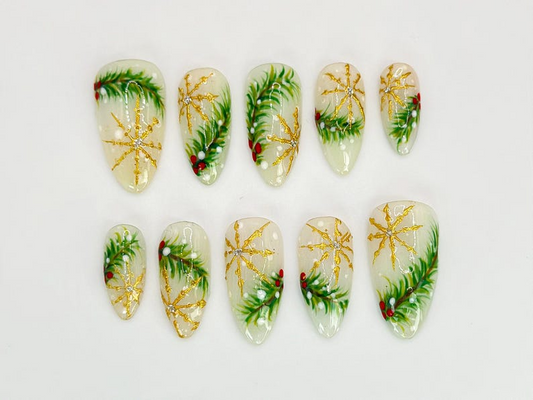 Luxury Christmas Press On Nails | Gold Snowflakes And Pine Accents Fake Nails | Festive Holiday Nail Polish | Seasonal Nail Art | HC650YC