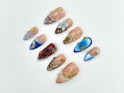 Seashell Press On Nails | Starfish Beach Nails | Summer Ocean Nail Art | Handmade 3D Flower Nails | Vacation Nail Set | JC1138BC