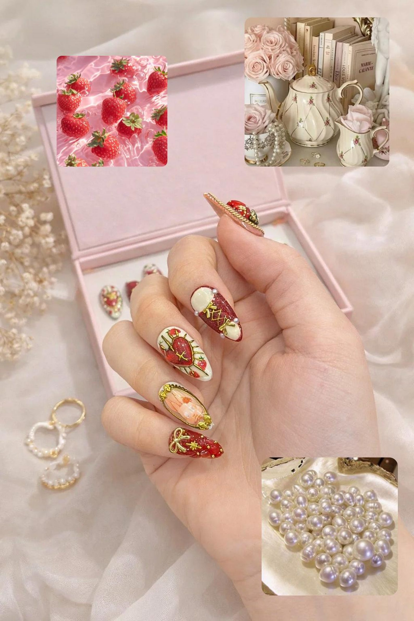 Gothic Strawberry Press On Nails | Red Heart Cross Nail Art | Luxury Handmade Press Ons | Statement Nails | HB995GC