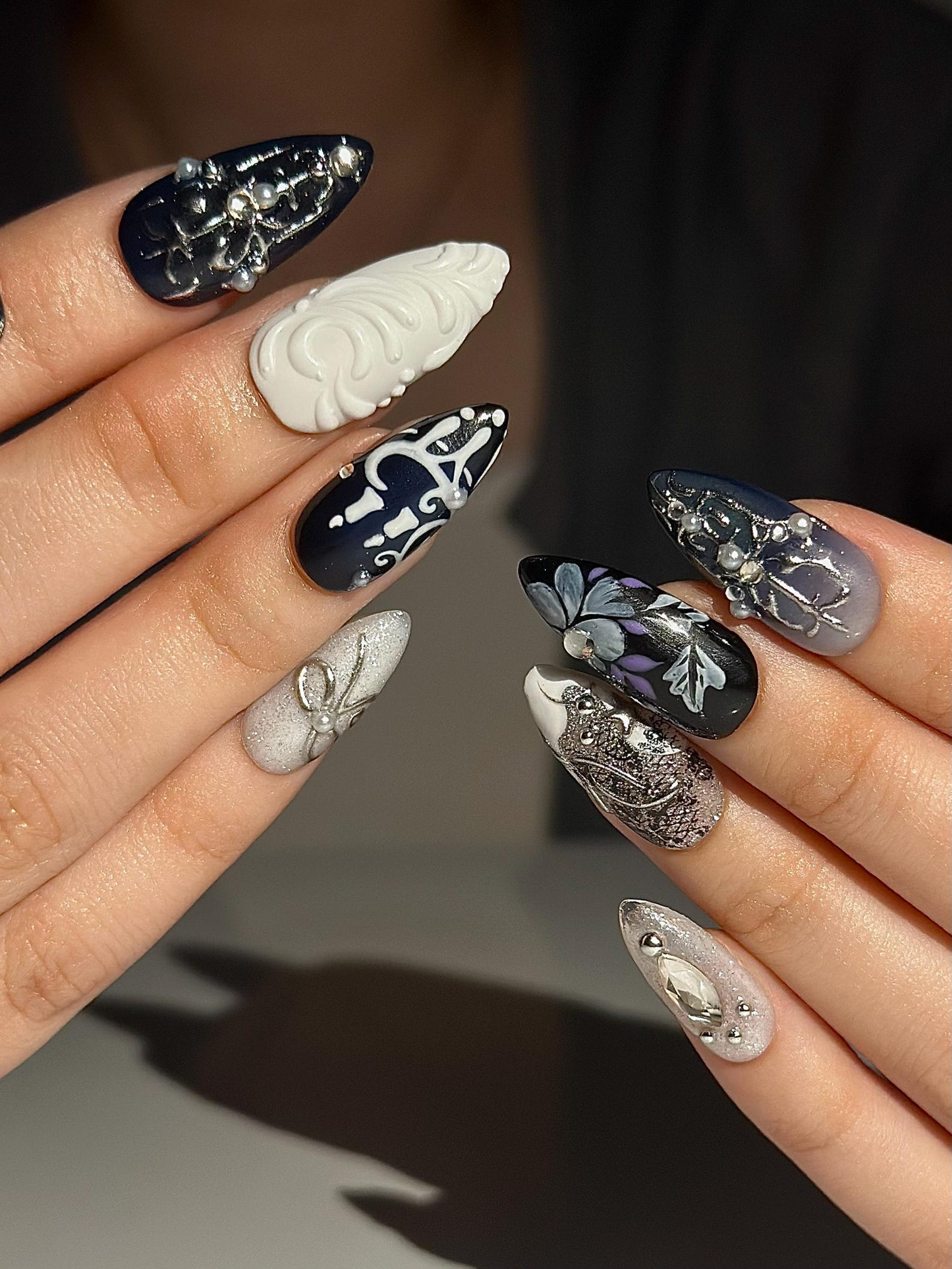 Gothic Violet Chrome Press On Nails | Black Silver Luxury Nails | 3D Baroque Floral Nails | Dark Elegant Nails | JC310HC